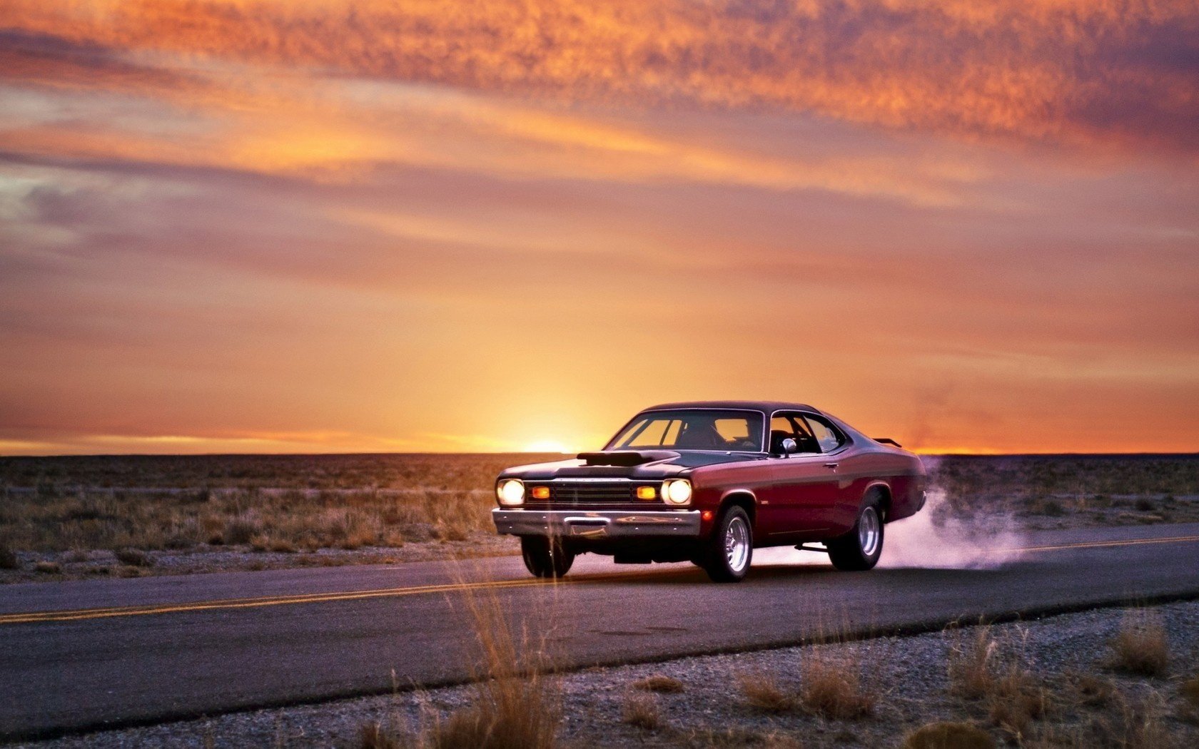 plymouth duster muscle car droga zachód słońca