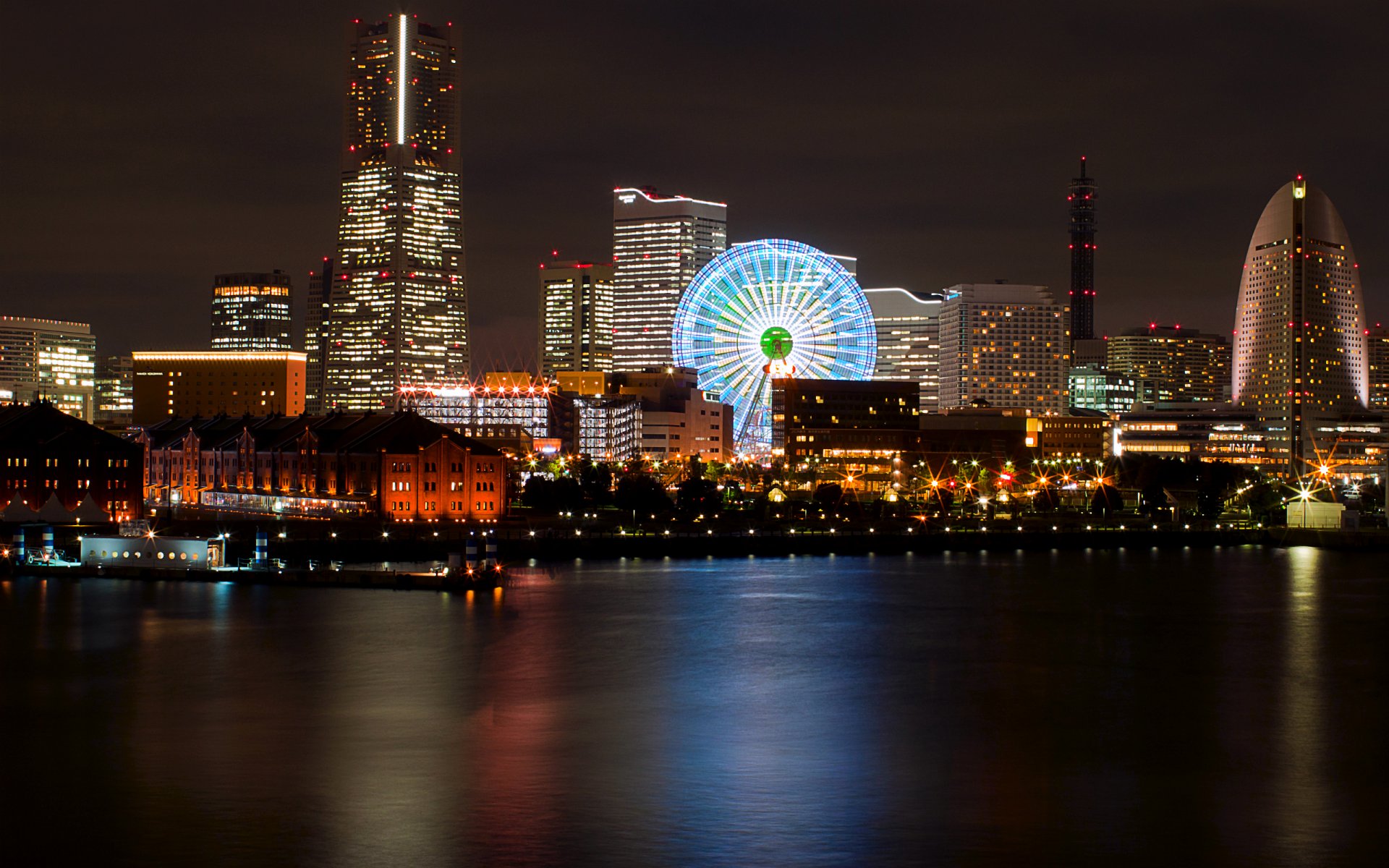 япония yokohama йокогама порт мегаполис колесо обозрения ночь огни подсветка залив отражение