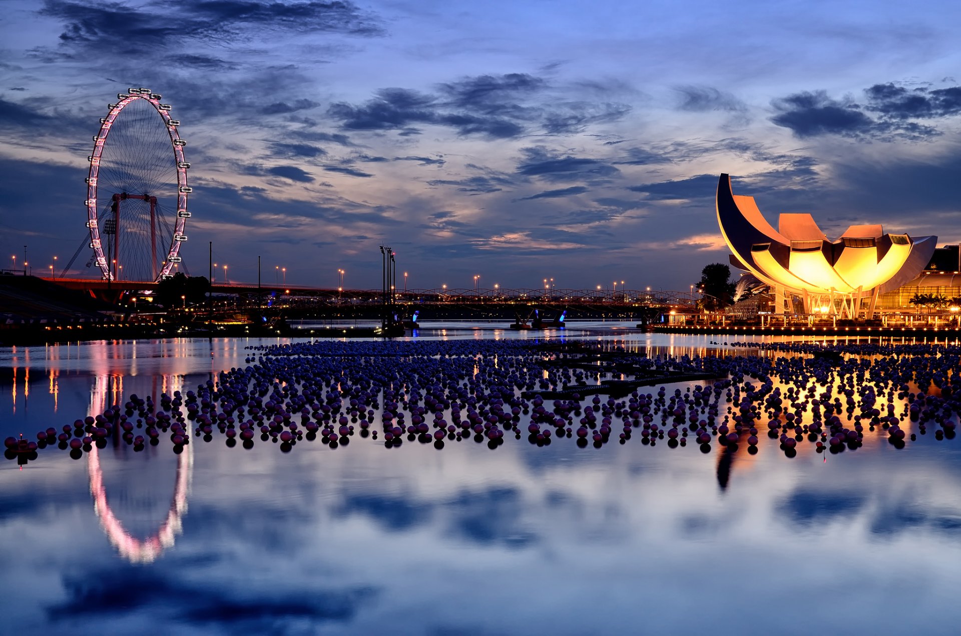 ingapore ferris wheel bridge water night sunset sky cloud