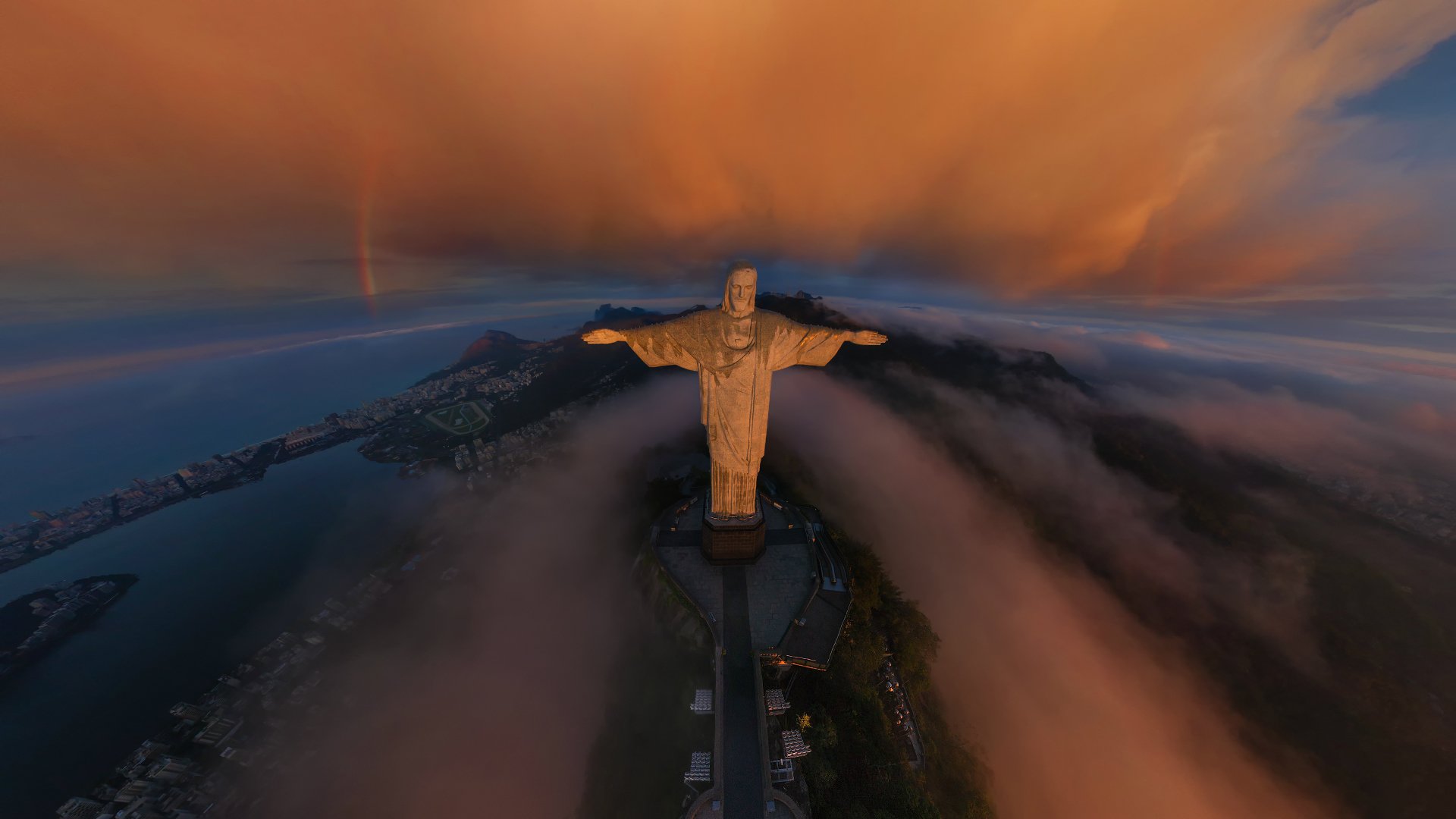 rio de janeiro rio de janeiro stadt statue von christus dem erlöser christo redentor regenbogen wolken sonnenaufgang