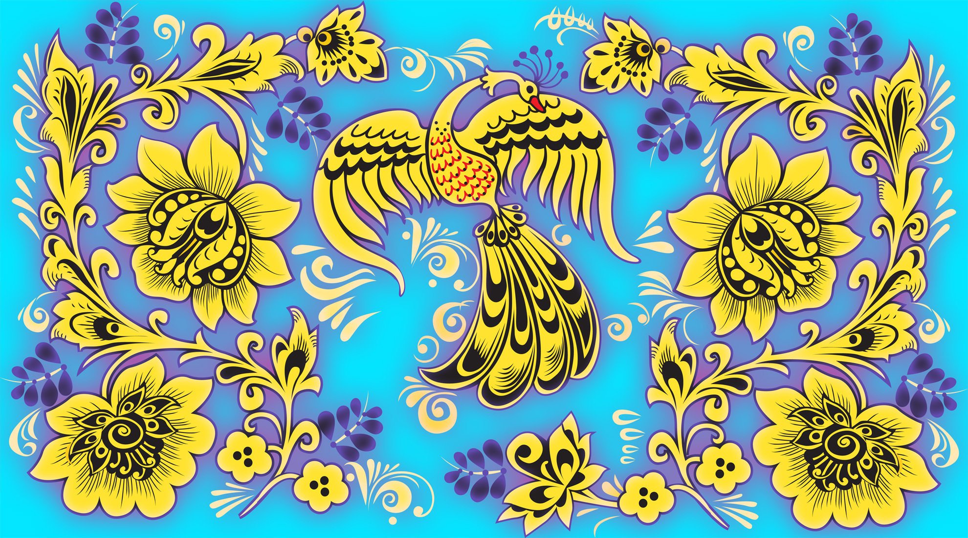 flowers firebird bird leaves patterns khokhloma blue