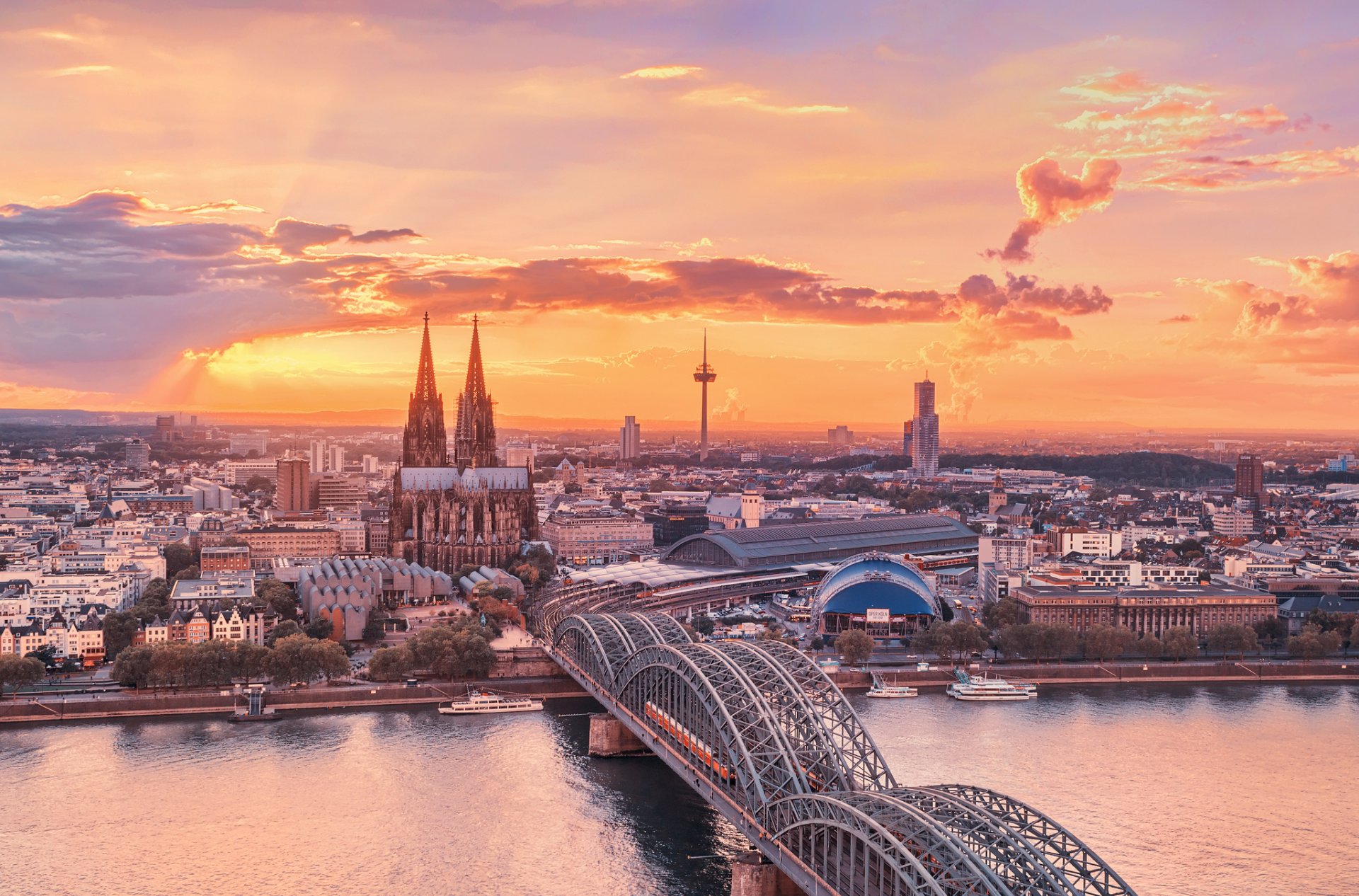 miasto niemcy kolonia zachód słońca niebo rzeka ren most katedra