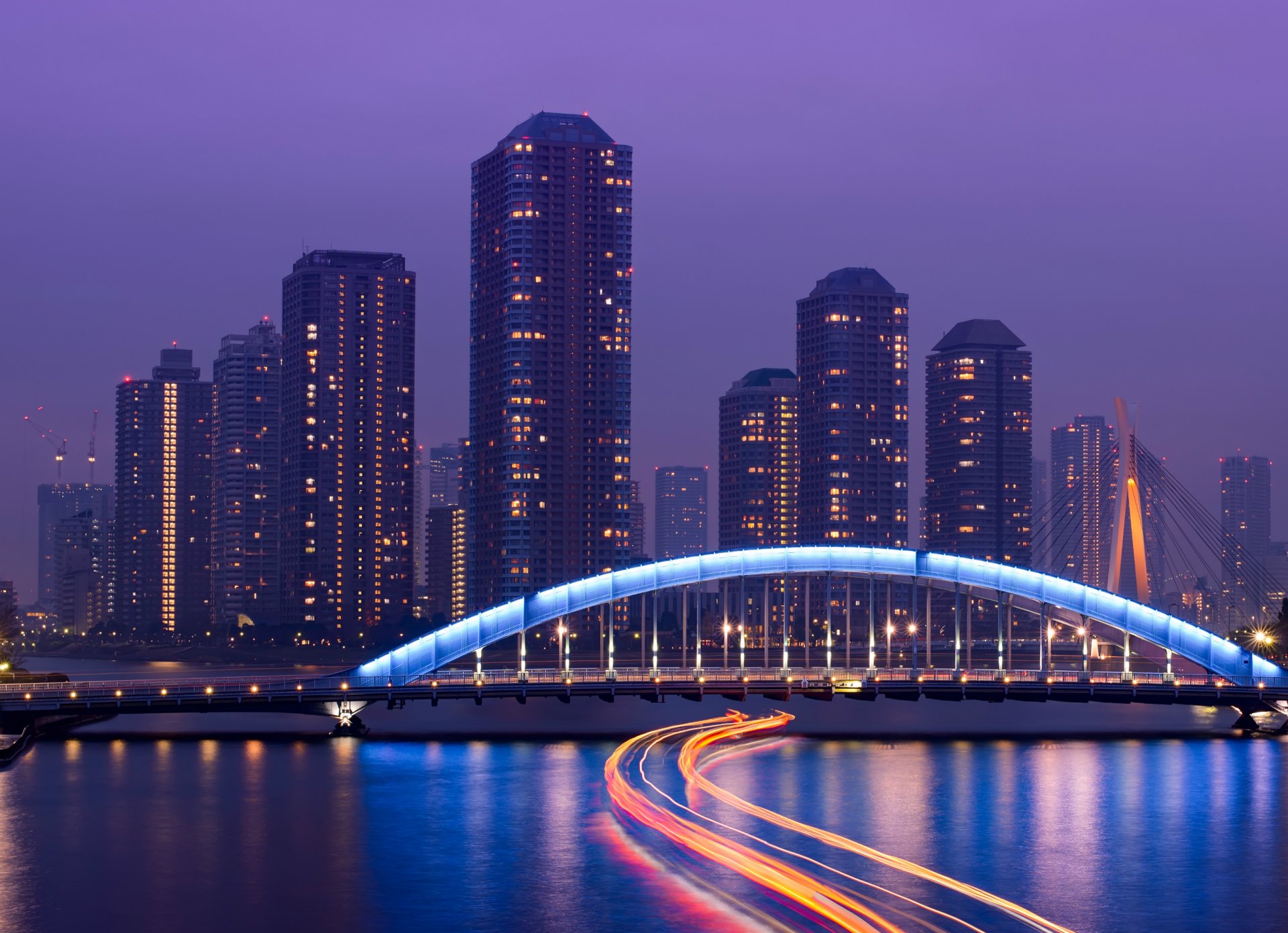 japan tokyo capital metropolis skyscraper night bridge light extract lights river lilac sky