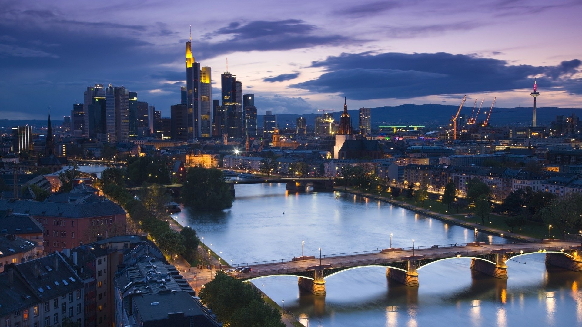 town frankfurt night house high-rise buildings river bridges street trees