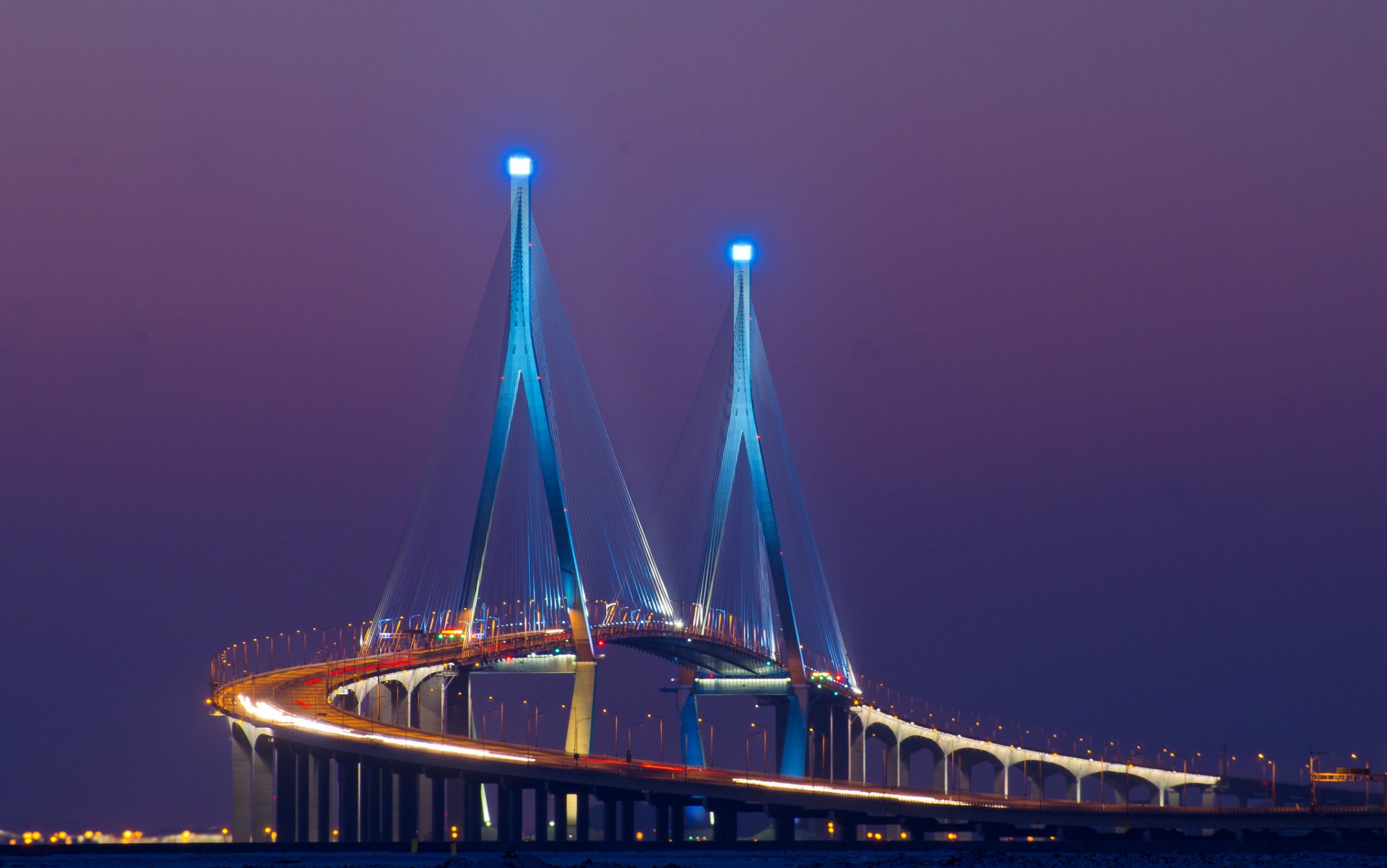 asie corée du sud ville songdo pont rétro-éclairage exposition lumières nuit lilas violet ciel