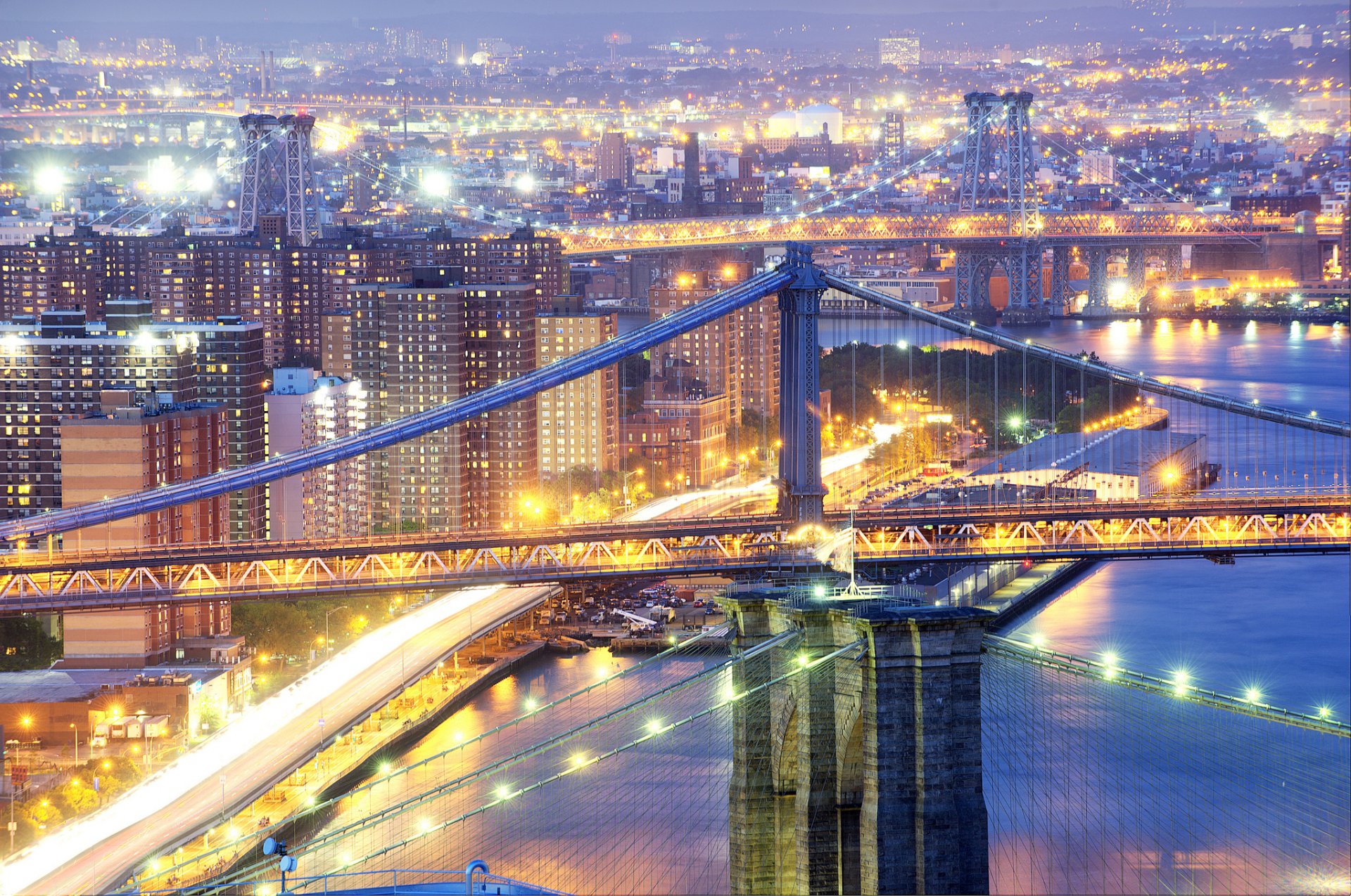 ciudad nueva york estados unidos puentes brooklyn manhattan noche luces exposición