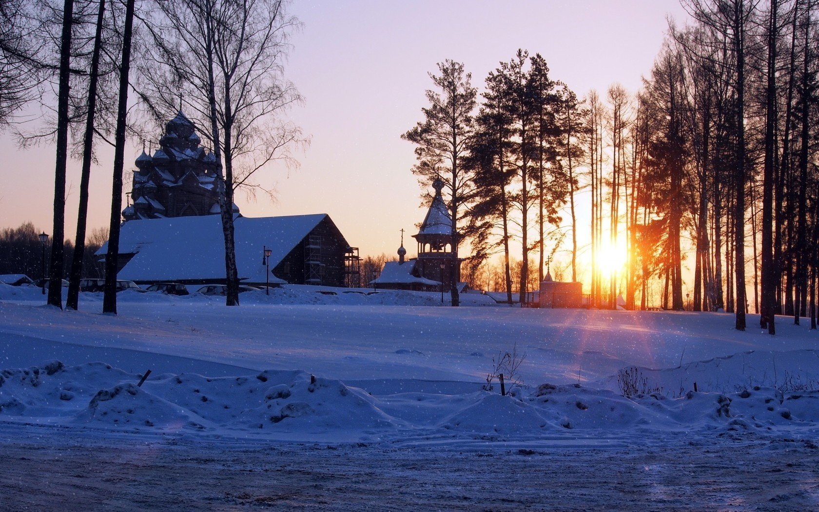 temple sunset winter