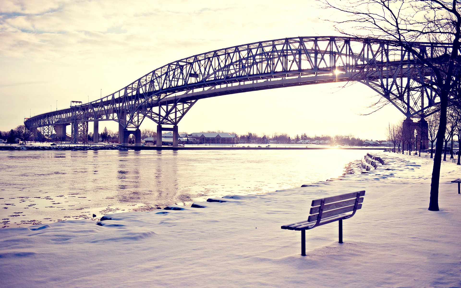 rivière pont banc neige hiver banc