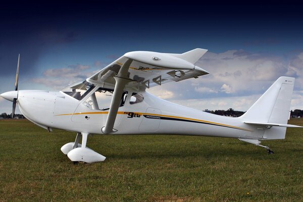 A white-winged plane on the grass in a field