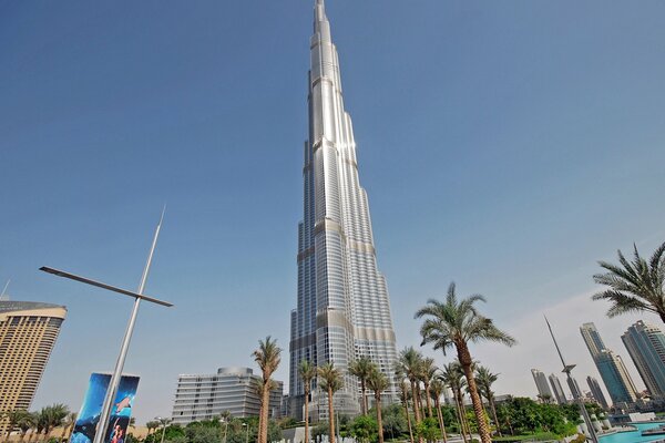 Grattacieli di Dubai tra le palme sullo sfondo del cielo blu