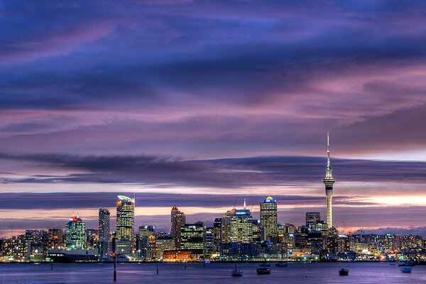 Downtown Auckland in the night lights of skyscrapers