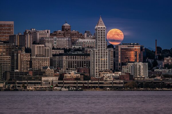 Nocna Dama Seattle na tle czerwonego księżyca