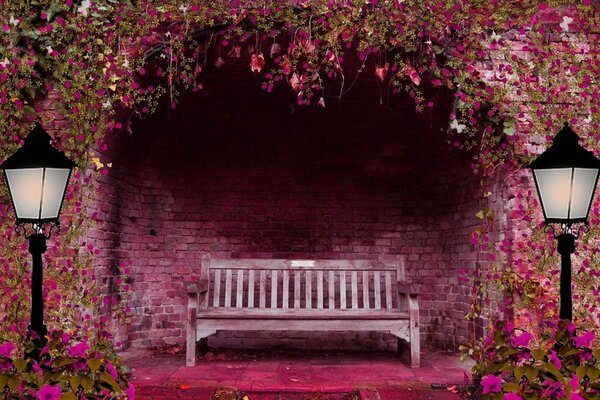 Spring garden with flowers and a bench