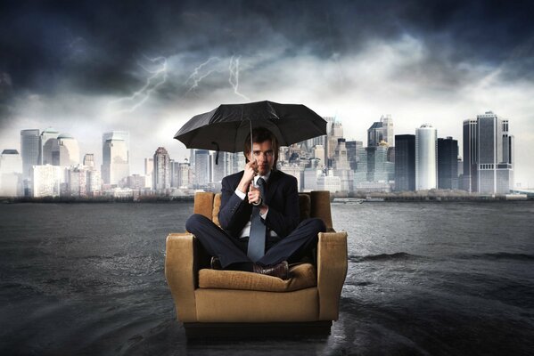 A man in a suit with an umbrella floats on a chair