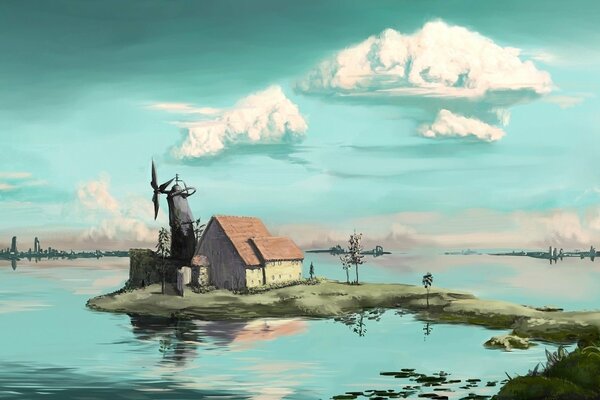 Maison et moulin sur une île au milieu d un lac