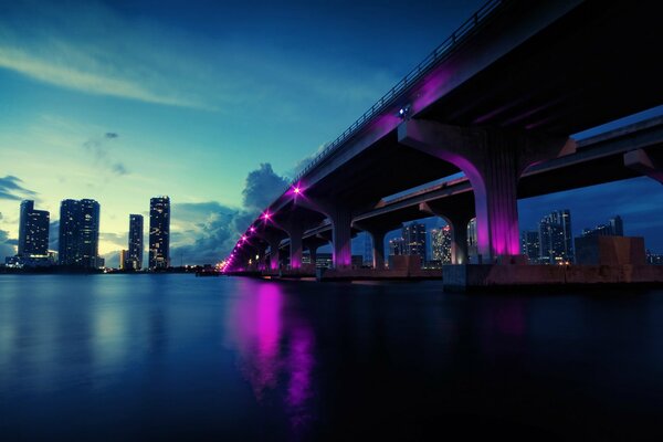 Evening in Miami. River and bridge with lights