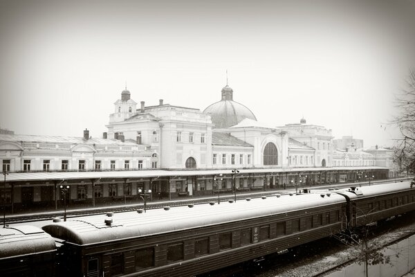 Black and white photo of the railway of winter Ivano-Frankivsk
