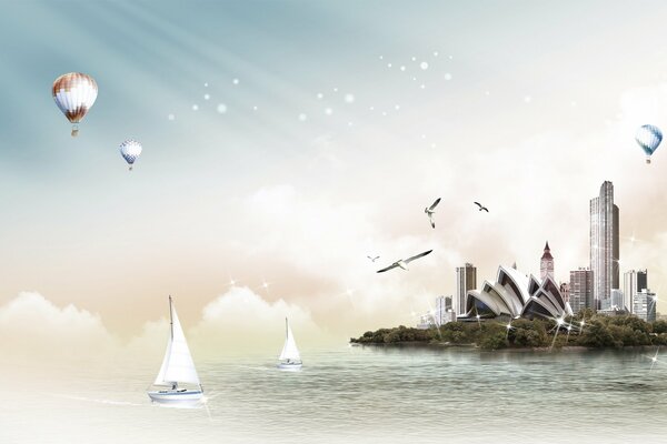 Luftballons auf der Stadt am Meer