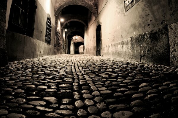 Calle nocturna de la ciudad pavimentada con adoquines iluminados con linternas