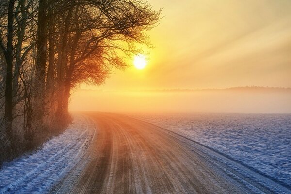 Route enneigée sous les derniers rayons du soleil