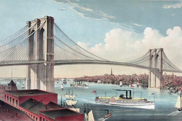 Imagen del puente de Brooklyn contra el cielo azul y el agua con barcos fluviales y la ciudad en la distancia