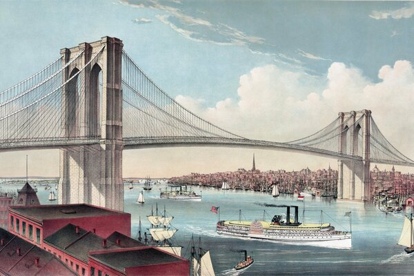 Peinture du pont de Brooklyn sur fond de ciel bleu et de l eau avec des bateaux fluviaux et la ville au loin