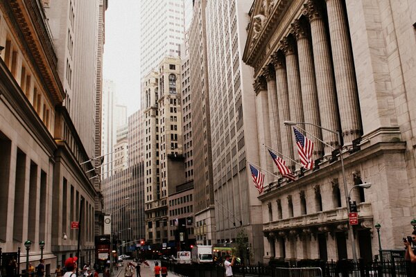 Buildings and skyscrapers on Wall Street in New York