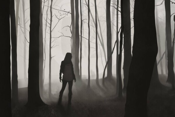 Silhouette d une jeune fille dans une forêt sombre