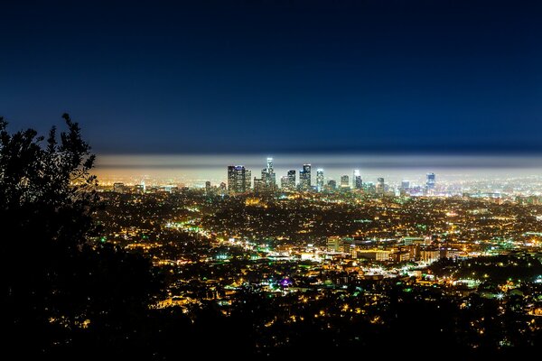 Los Angeles at night in lights, top view