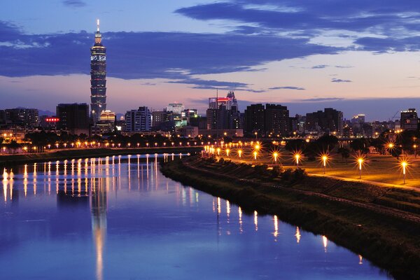 Reflection of the city and the sunset sky in the river