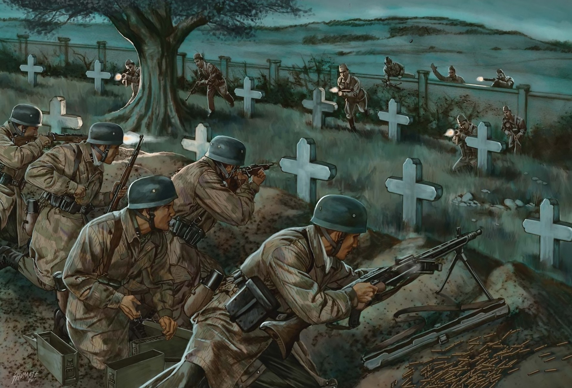 cementerio arte disparos guerra batalla soldados ametralladora ww2 dibujo rifles