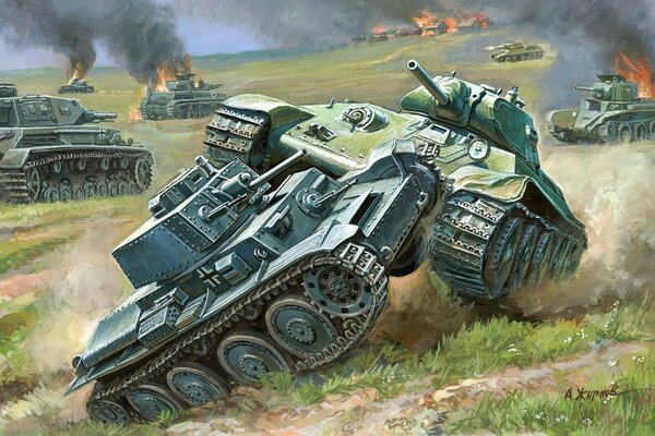 Art. Soviet tanks on the battlefield
