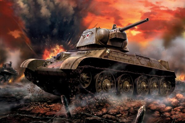 Боевая сцена с советским танком на фоне взрыва