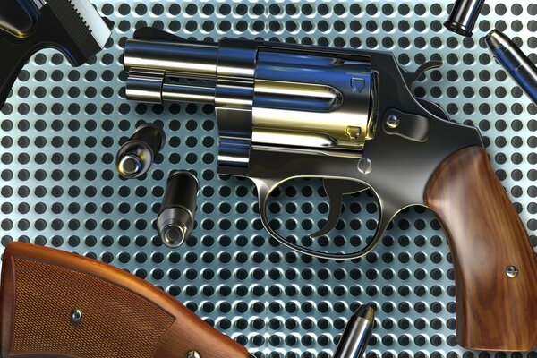 Il revolver e i proiettili ad esso giacciono sulla griglia