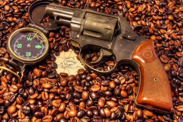 Six-shot revolver in coffee beans