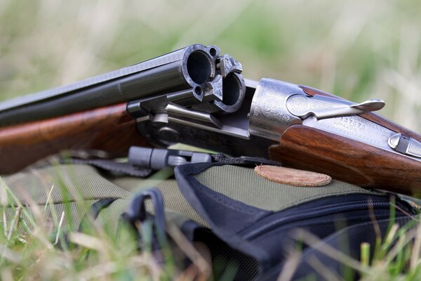 Photo macro d une carabine à double Canon dans l herbe