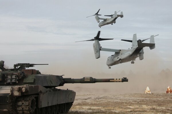 Tanque militar y aviones militares