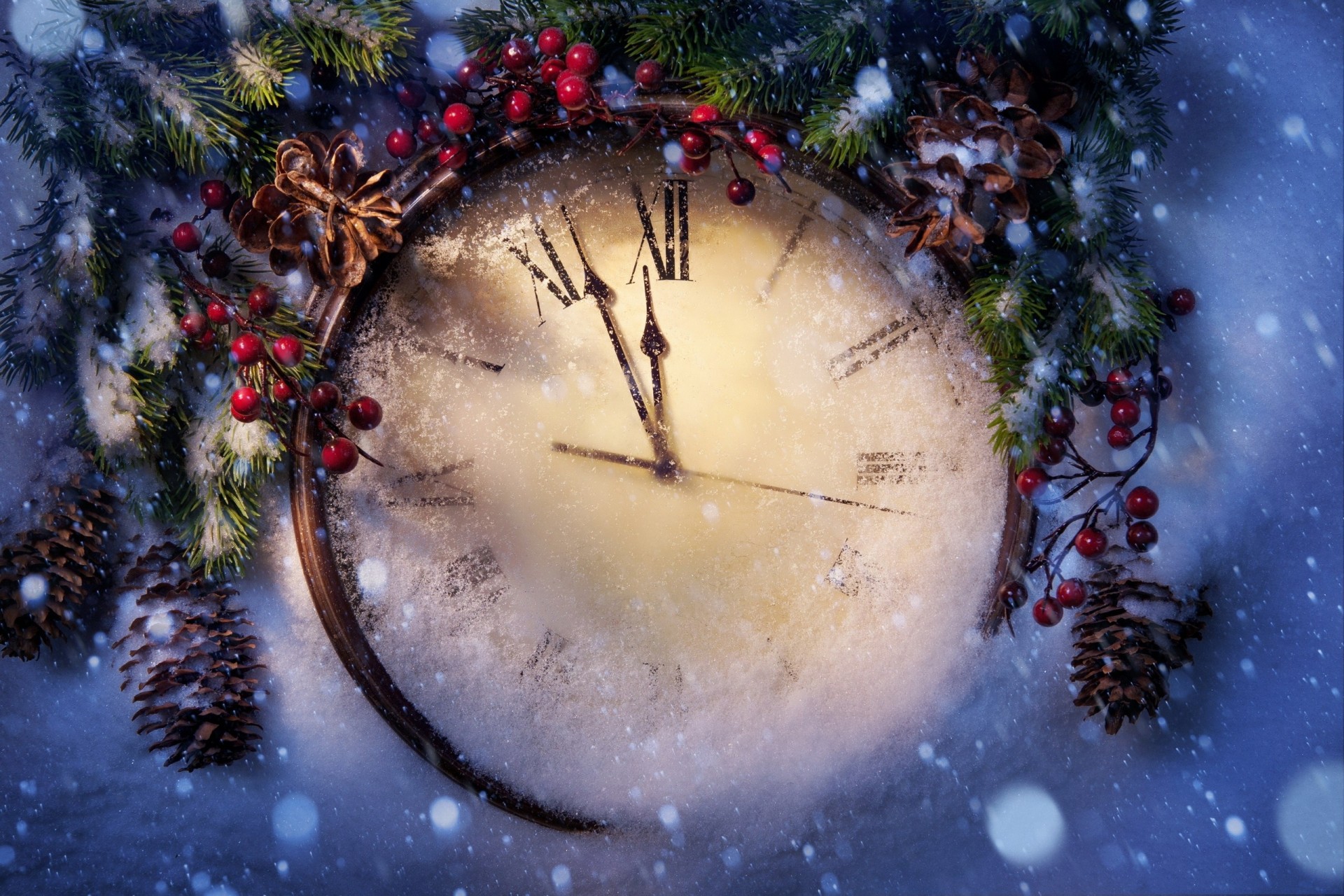 natale capodanno bacche rami di abete neve coni tempo orologio vacanze