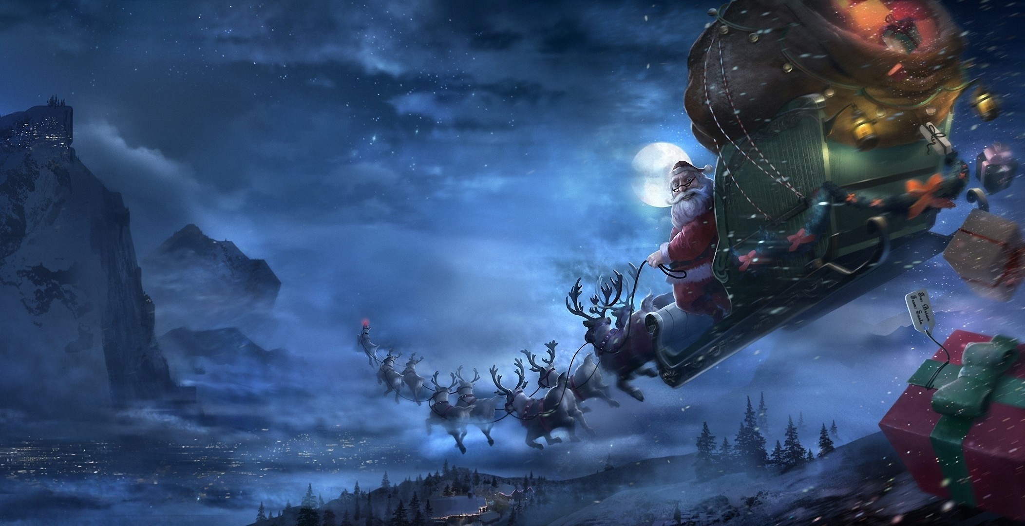 beauty night new year santa claus sledge team reindeer snow moon winter