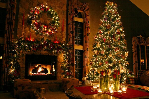 Fireplace Christmas tree new year photo