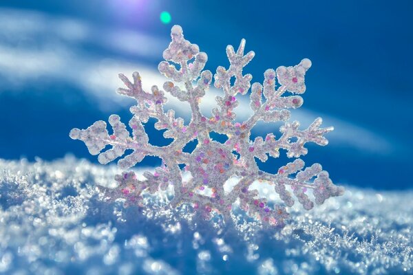 Flocon de neige étincelant sur la neige blanche