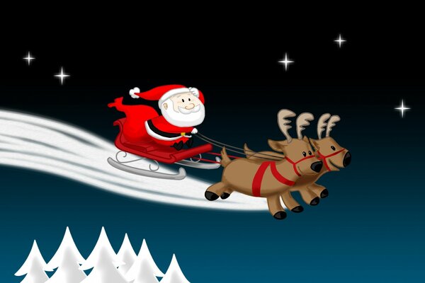 Père Noël dans un traîneau avec des Rennes vole dans le ciel nocturne