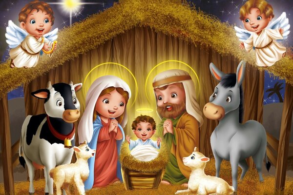 The Nativity of Jesus in a stable with pets