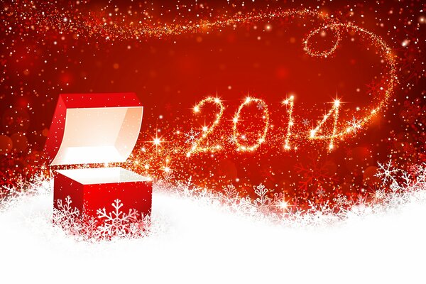 Grußkarte für das neue Jahr 2014 in roten Farben mit Schneeflocken