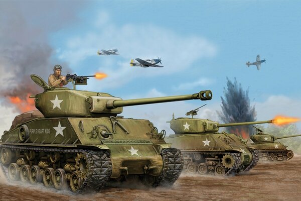 A picture of the Soviet army in tanks during the war there is a firefight