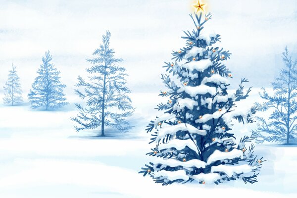 Drawing of Christmas trees in the snow in the forest