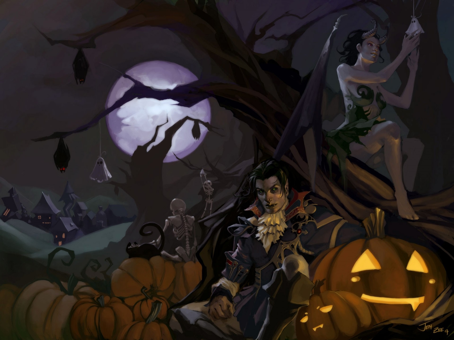 village art night demoness halloween tree pumpkin skeletons vampire moon demon cat bat