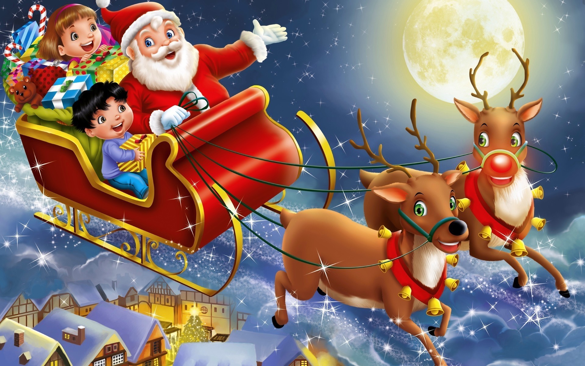 arte bellezza notte capodanno bambini babbo natale slitta città cervo giocattoli luna vacanza