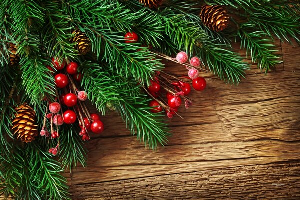 Fir branches with cones and ornaments