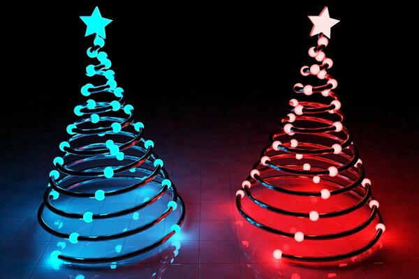 Deux arbres de Noël en ressorts métalliques rouge et bleu